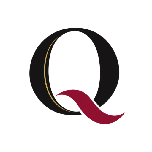 QUELLENSINN Logo – stilisiertes Q in Anthrazit mit bordeauxfarbener Akzentlinie Goldene Linie